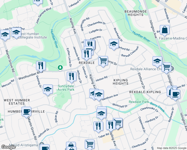 map of restaurants, bars, coffee shops, grocery stores, and more near in Toronto