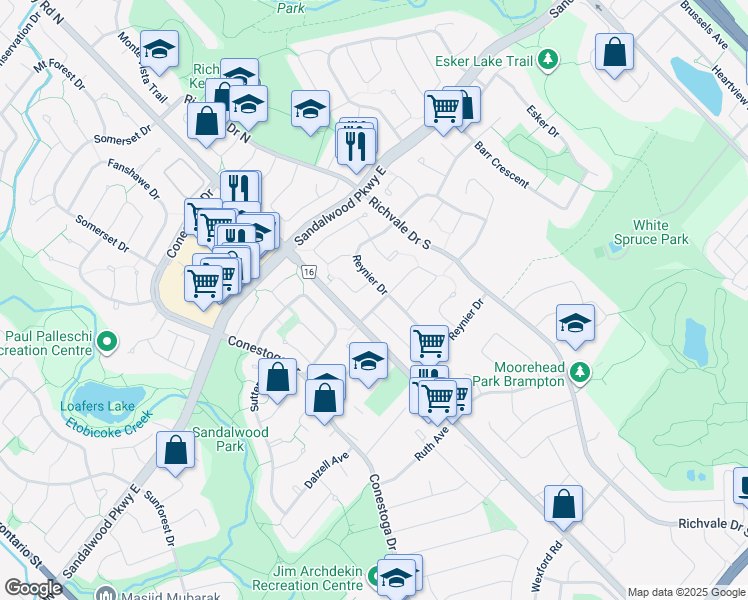 map of restaurants, bars, coffee shops, grocery stores, and more near 6 Piedmont Drive in Brampton