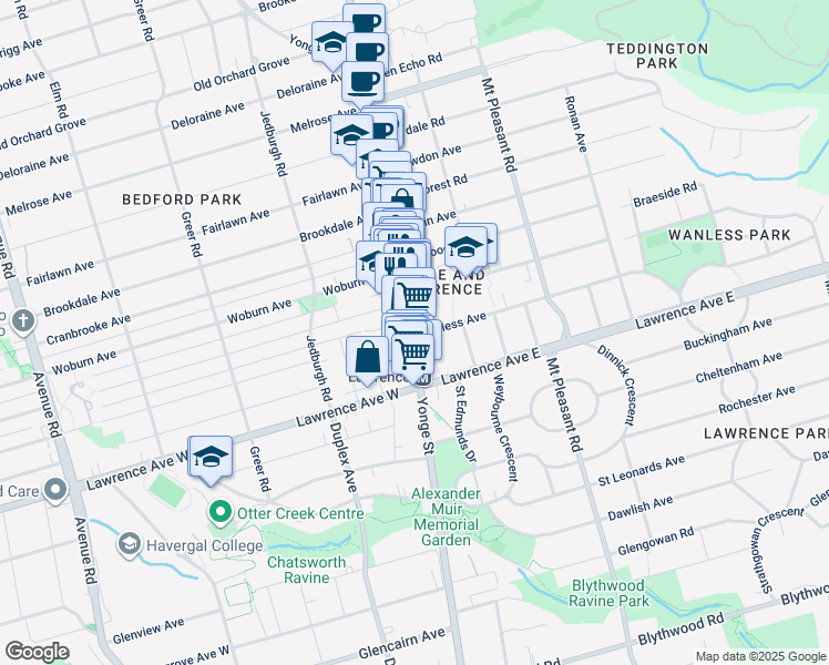 map of restaurants, bars, coffee shops, grocery stores, and more near 3147 Yonge Street in Toronto