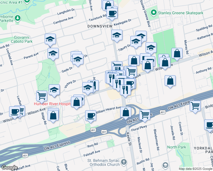 map of restaurants, bars, coffee shops, grocery stores, and more near in Toronto