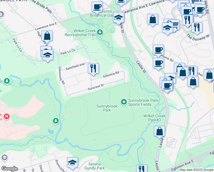 map of restaurants, bars, coffee shops, grocery stores, and more near 33 Suncrest Drive in Toronto