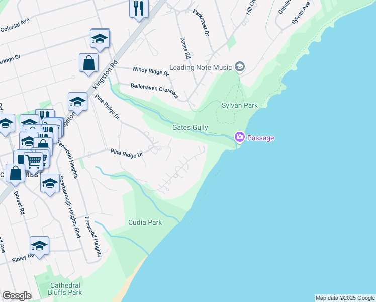 map of restaurants, bars, coffee shops, grocery stores, and more near 17 Meadowcliffe Drive in Toronto