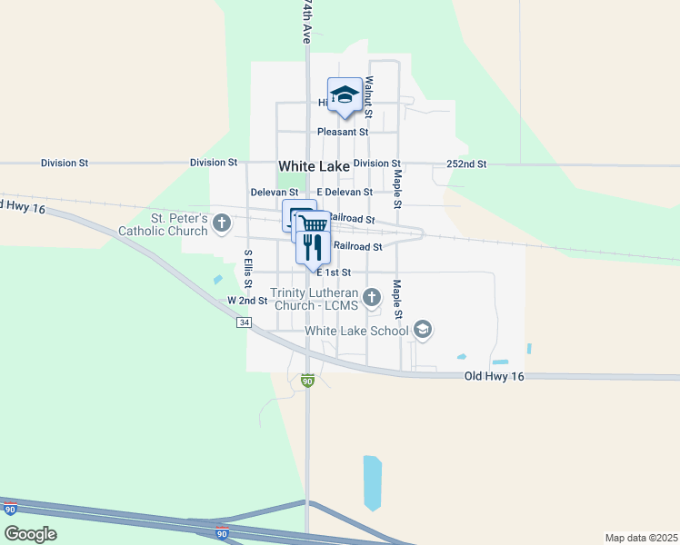map of restaurants, bars, coffee shops, grocery stores, and more near 209 East 1st Street in White Lake