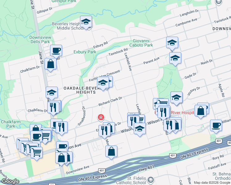 map of restaurants, bars, coffee shops, grocery stores, and more near 9 Letchworth Crescent in Toronto