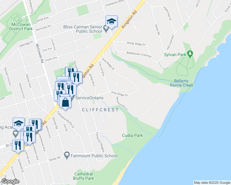 map of restaurants, bars, coffee shops, grocery stores, and more near 4 Pine Ridge Drive in Toronto