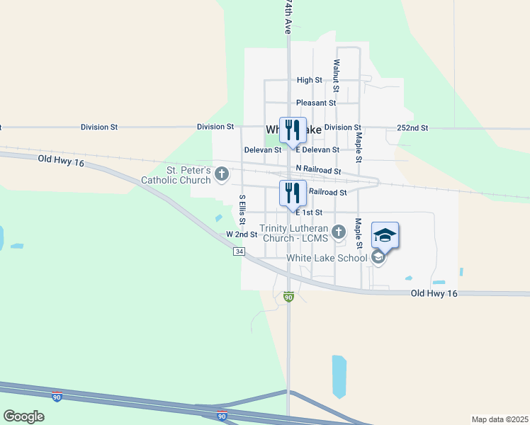 map of restaurants, bars, coffee shops, grocery stores, and more near 501 West 1st Street in White Lake