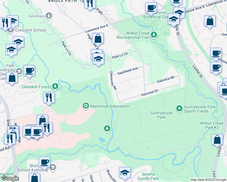 map of restaurants, bars, coffee shops, grocery stores, and more near 28 Glenorchy Road in Toronto