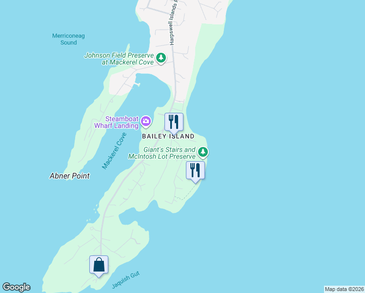 map of restaurants, bars, coffee shops, grocery stores, and more near 21 Washington Avenue in Harpswell