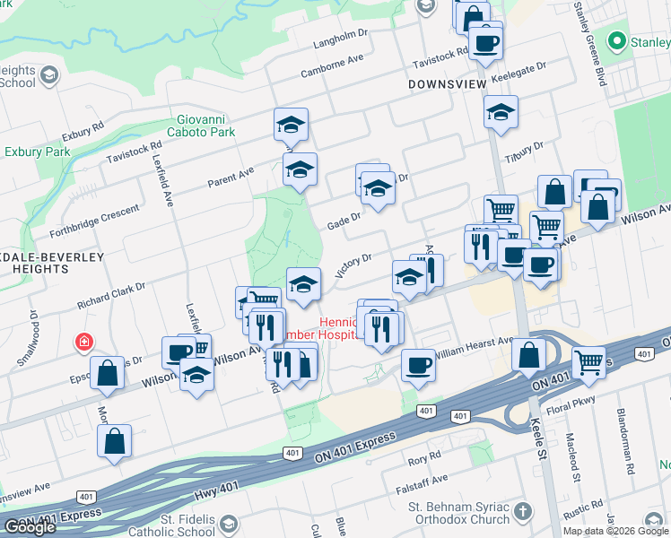 map of restaurants, bars, coffee shops, grocery stores, and more near 110 Victory Drive in Toronto