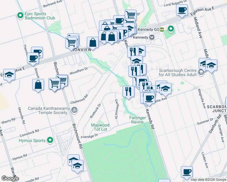 map of restaurants, bars, coffee shops, grocery stores, and more near 126 Roebuck Drive in Toronto