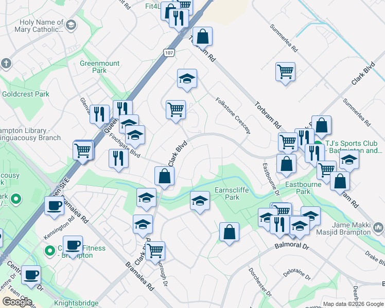map of restaurants, bars, coffee shops, grocery stores, and more near 50 Esplanade Road in Brampton
