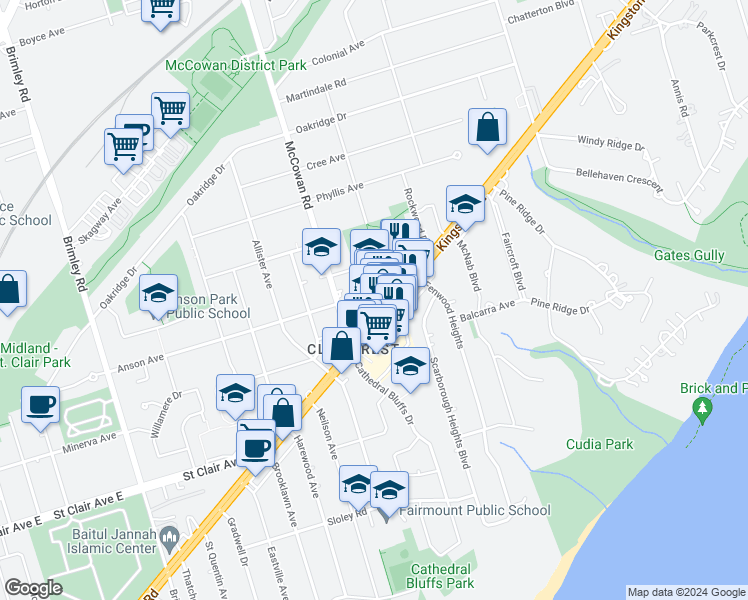 map of restaurants, bars, coffee shops, grocery stores, and more near 3090 Kingston Road in Toronto