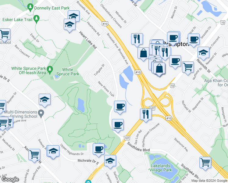 map of restaurants, bars, coffee shops, grocery stores, and more near 98 Magdalene Crescent in Brampton
