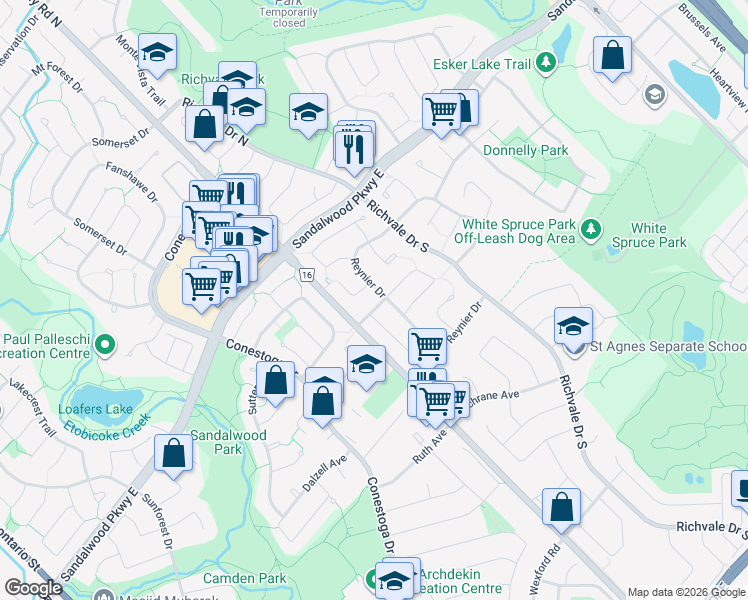 map of restaurants, bars, coffee shops, grocery stores, and more near 4 Piedmont Drive in Brampton