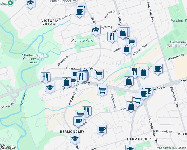 map of restaurants, bars, coffee shops, grocery stores, and more near 44 Tinder Crescent in Toronto