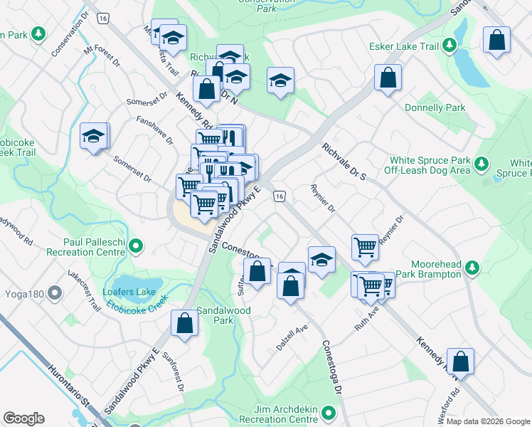 map of restaurants, bars, coffee shops, grocery stores, and more near 52 Primrose Crescent in Brampton