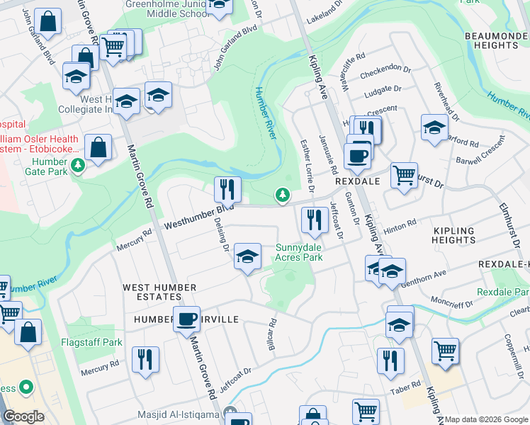 map of restaurants, bars, coffee shops, grocery stores, and more near 59 Westhumber Boulevard in Toronto