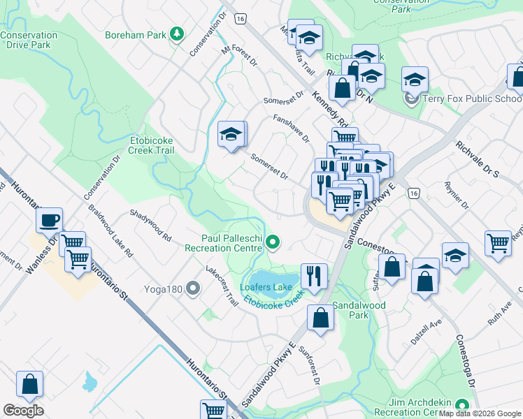 map of restaurants, bars, coffee shops, grocery stores, and more near 62 Elmvale Avenue in Brampton