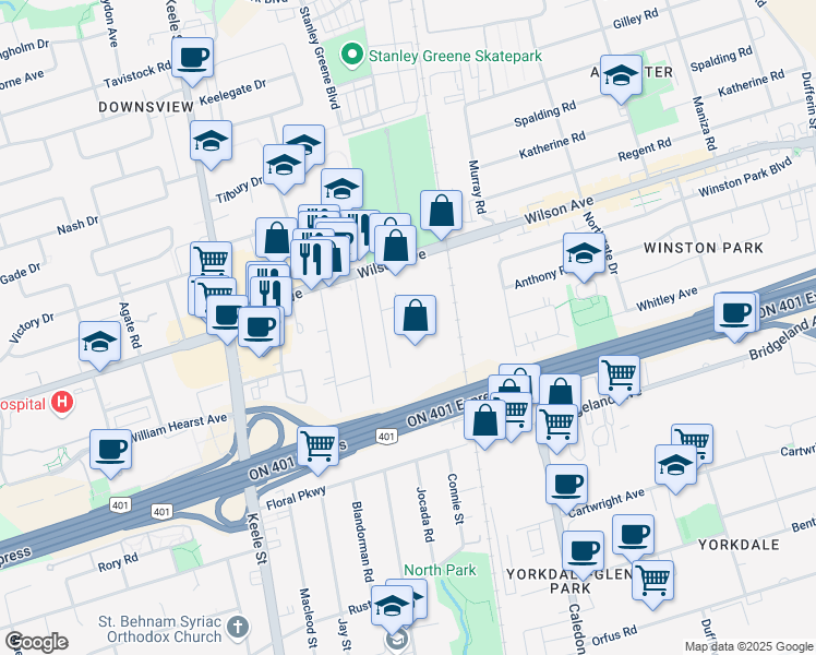 map of restaurants, bars, coffee shops, grocery stores, and more near in Toronto