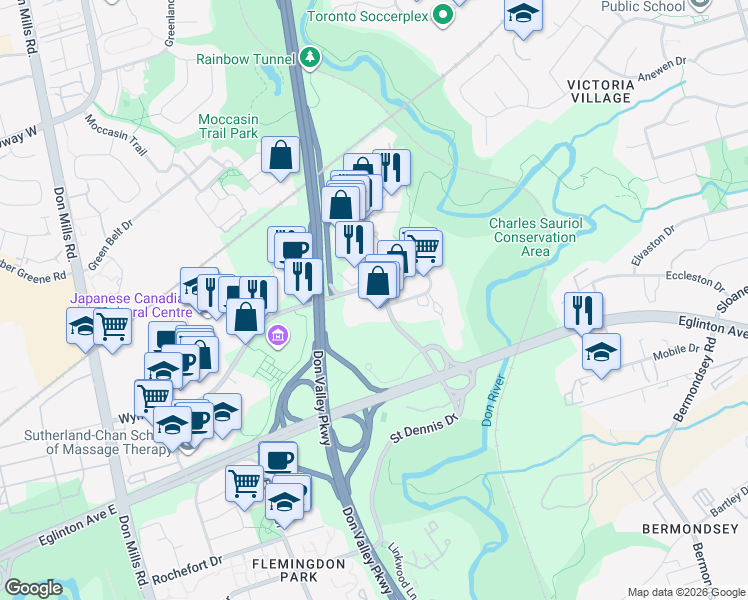 map of restaurants, bars, coffee shops, grocery stores, and more near 133 Wynford Drive in Toronto