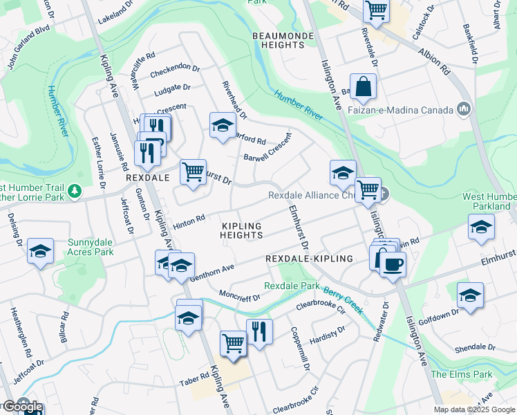 map of restaurants, bars, coffee shops, grocery stores, and more near 29 Hinton Road in Toronto