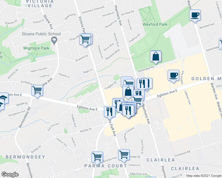 map of restaurants, bars, coffee shops, grocery stores, and more near in Toronto