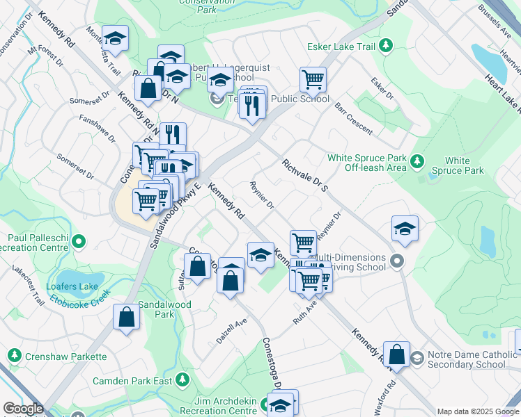 map of restaurants, bars, coffee shops, grocery stores, and more near 6 Piedmont Drive in Brampton