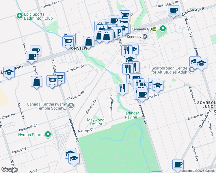 map of restaurants, bars, coffee shops, grocery stores, and more near 126 Roebuck Drive in Toronto