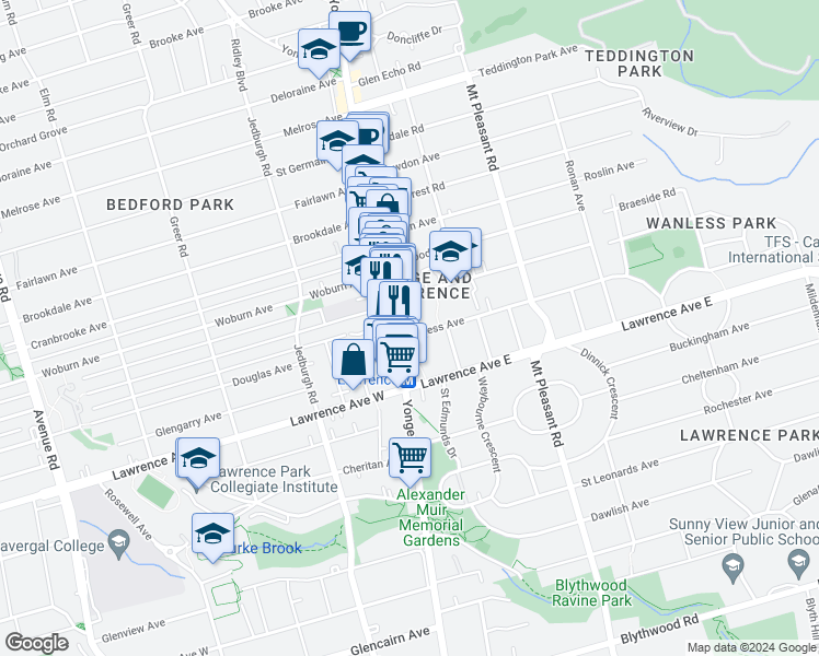 map of restaurants, bars, coffee shops, grocery stores, and more near 18 Wanless Avenue in Toronto