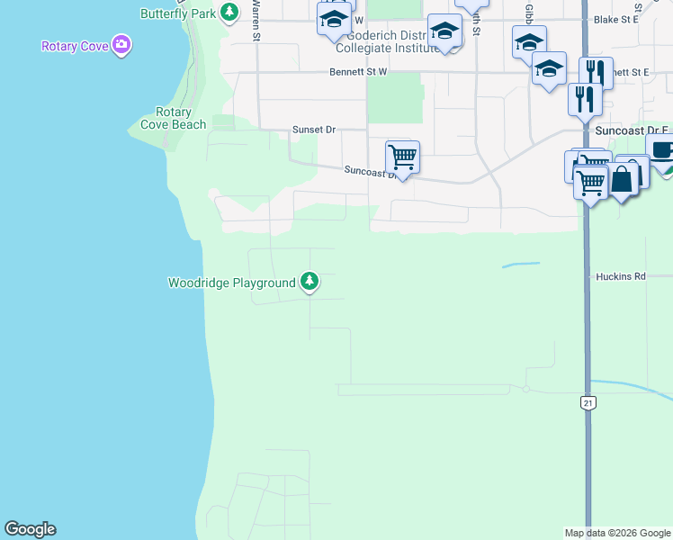 map of restaurants, bars, coffee shops, grocery stores, and more near 415-435 Warren Street in Goderich