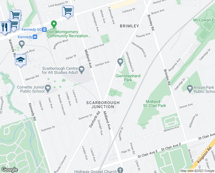 map of restaurants, bars, coffee shops, grocery stores, and more near 848 Danforth Road in Toronto