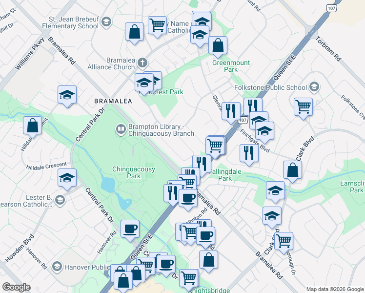 map of restaurants, bars, coffee shops, grocery stores, and more near 72 Glebe Crescent in Brampton