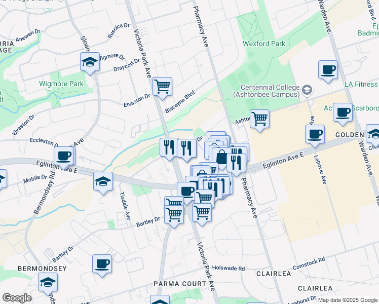 map of restaurants, bars, coffee shops, grocery stores, and more near 9 Craigton Drive in Toronto