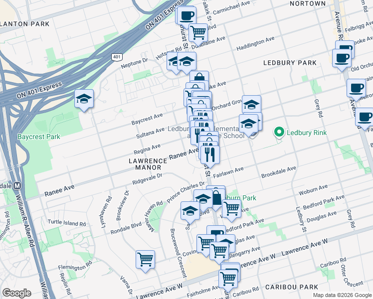map of restaurants, bars, coffee shops, grocery stores, and more near in Toronto