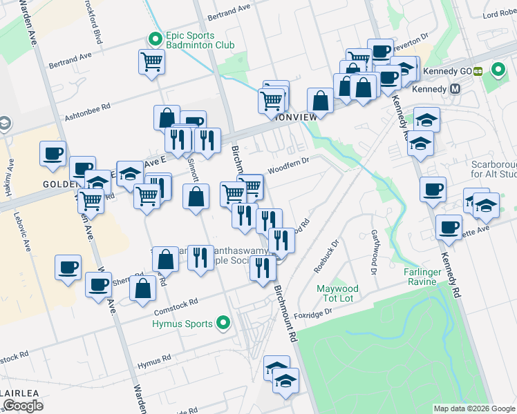 map of restaurants, bars, coffee shops, grocery stores, and more near 783 Birchmount Road in Toronto