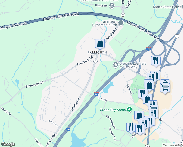 map of restaurants, bars, coffee shops, grocery stores, and more near 212 Middle Road in Falmouth