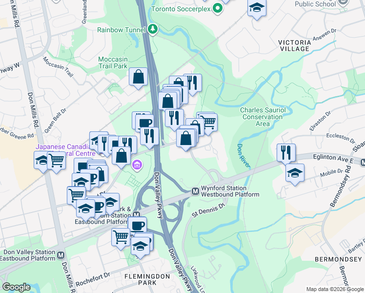 map of restaurants, bars, coffee shops, grocery stores, and more near 133 Wynford Drive in Toronto