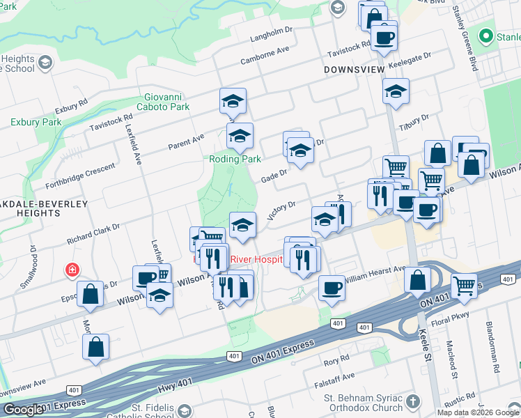 map of restaurants, bars, coffee shops, grocery stores, and more near 569 Roding Street in Toronto