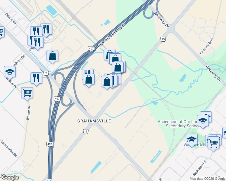 map of restaurants, bars, coffee shops, grocery stores, and more near 361 Parkhurst Square in Brampton