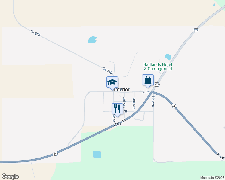 map of restaurants, bars, coffee shops, grocery stores, and more near 109 Main Street in Interior