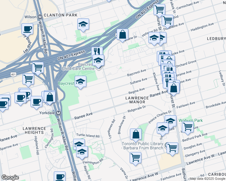 map of restaurants, bars, coffee shops, grocery stores, and more near in Toronto