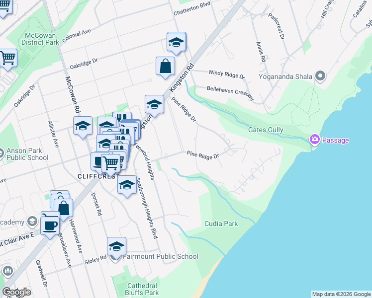 map of restaurants, bars, coffee shops, grocery stores, and more near 2 Pine Ridge Drive in Toronto