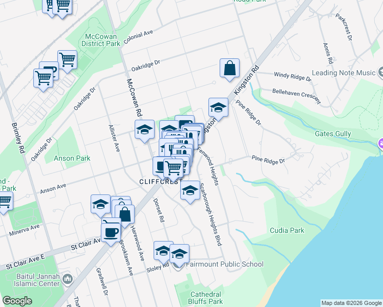 map of restaurants, bars, coffee shops, grocery stores, and more near 3075 Kingston Road in Toronto