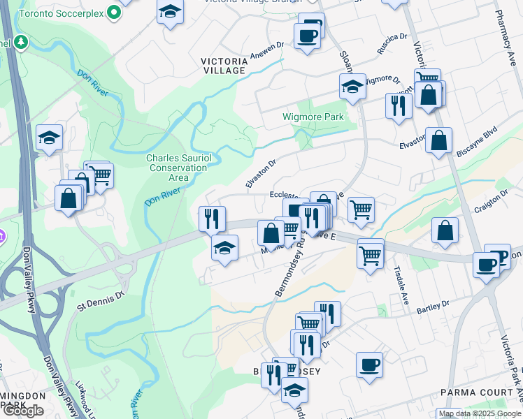map of restaurants, bars, coffee shops, grocery stores, and more near in Toronto
