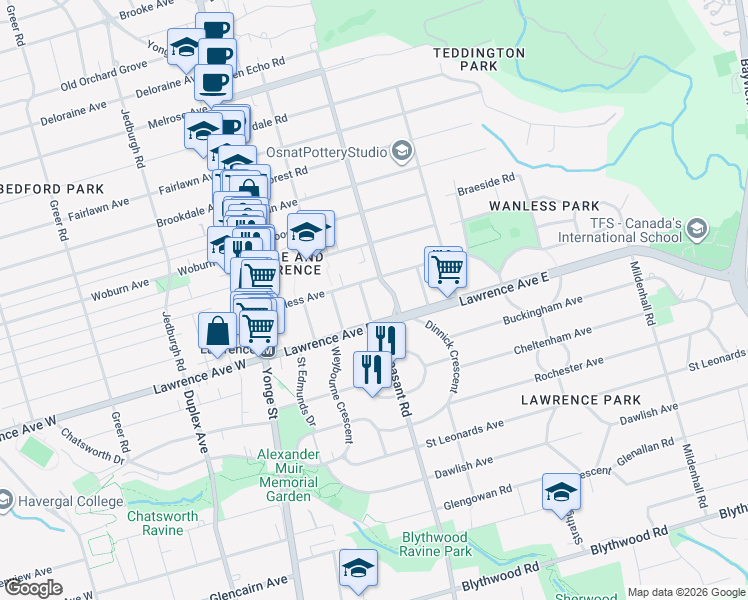 map of restaurants, bars, coffee shops, grocery stores, and more near in Toronto