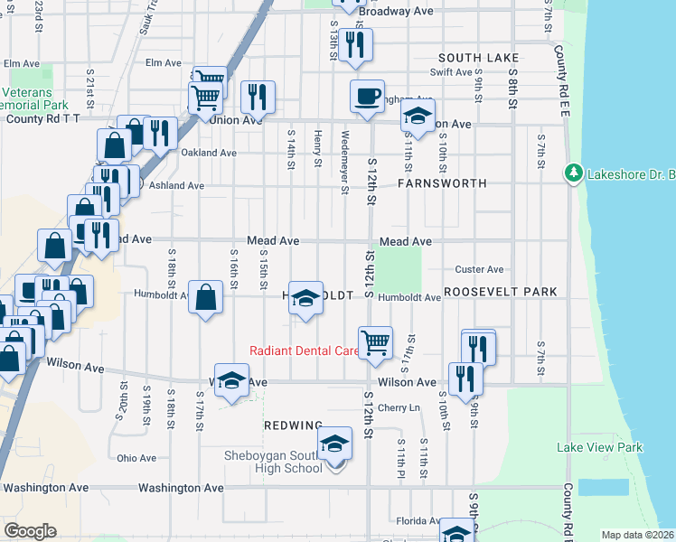 map of restaurants, bars, coffee shops, grocery stores, and more near 2620 Wedemeyer Street in Sheboygan