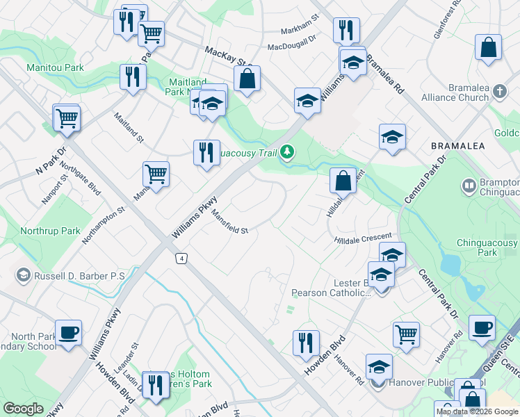 map of restaurants, bars, coffee shops, grocery stores, and more near 48 Maidstone Crescent in Brampton