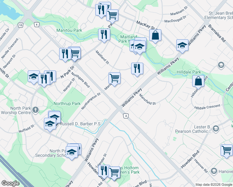 map of restaurants, bars, coffee shops, grocery stores, and more near 30 Milford Crescent in Brampton