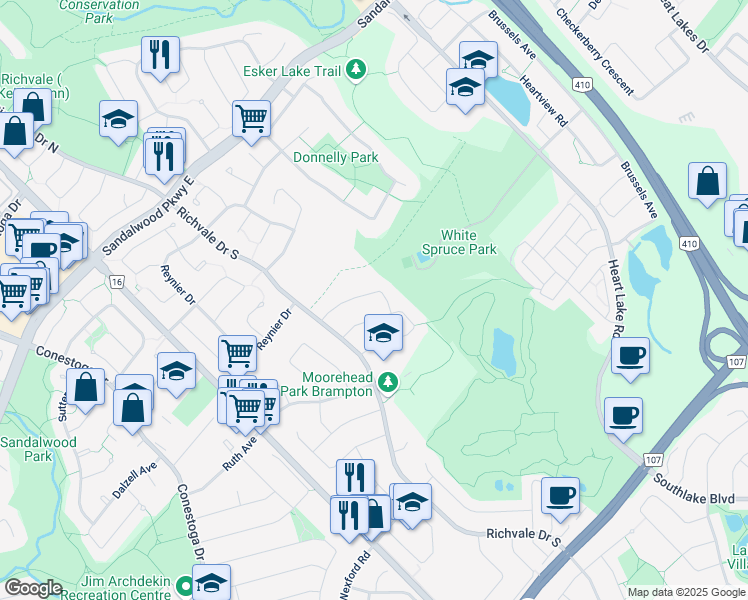map of restaurants, bars, coffee shops, grocery stores, and more near 23 Kirkpatrick Street in Brampton