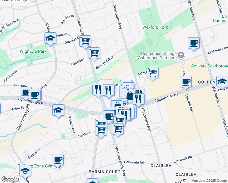map of restaurants, bars, coffee shops, grocery stores, and more near in Toronto